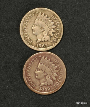 LOT OF 2 COPPER NICKEL INDIAN HEAD CENTS: 1859, 1862 CLEANED CORRODED #13861