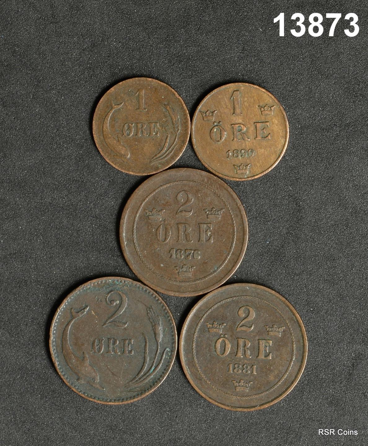 SWEDEN: 1 ORE: 1875, 1890, 2 ORE: 1897, 1886, 1876 LOT OF 5! #13873