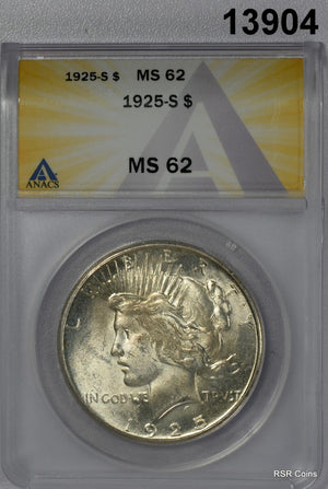 1925 S PEACE SILVER DOLLAR ANACS CERTIFIED MS62 LOOKS BETTER! #13904