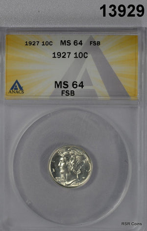 1927 MERCURY DIME ANACS CERTIFIED MS64 FSB! FLASHY! #13929