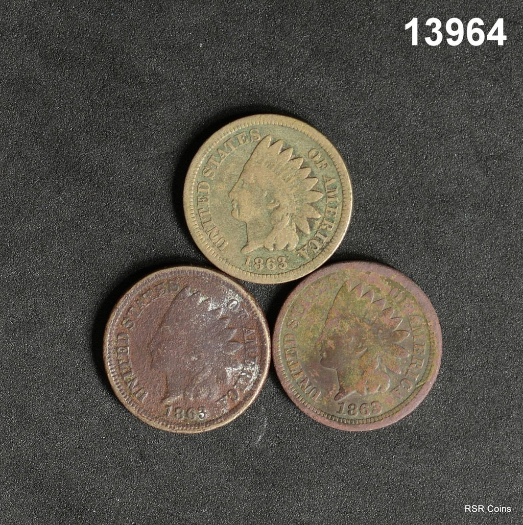 3 COIN LOT 1863 C/N  INDIAN CENT VG CORRODED  #13964