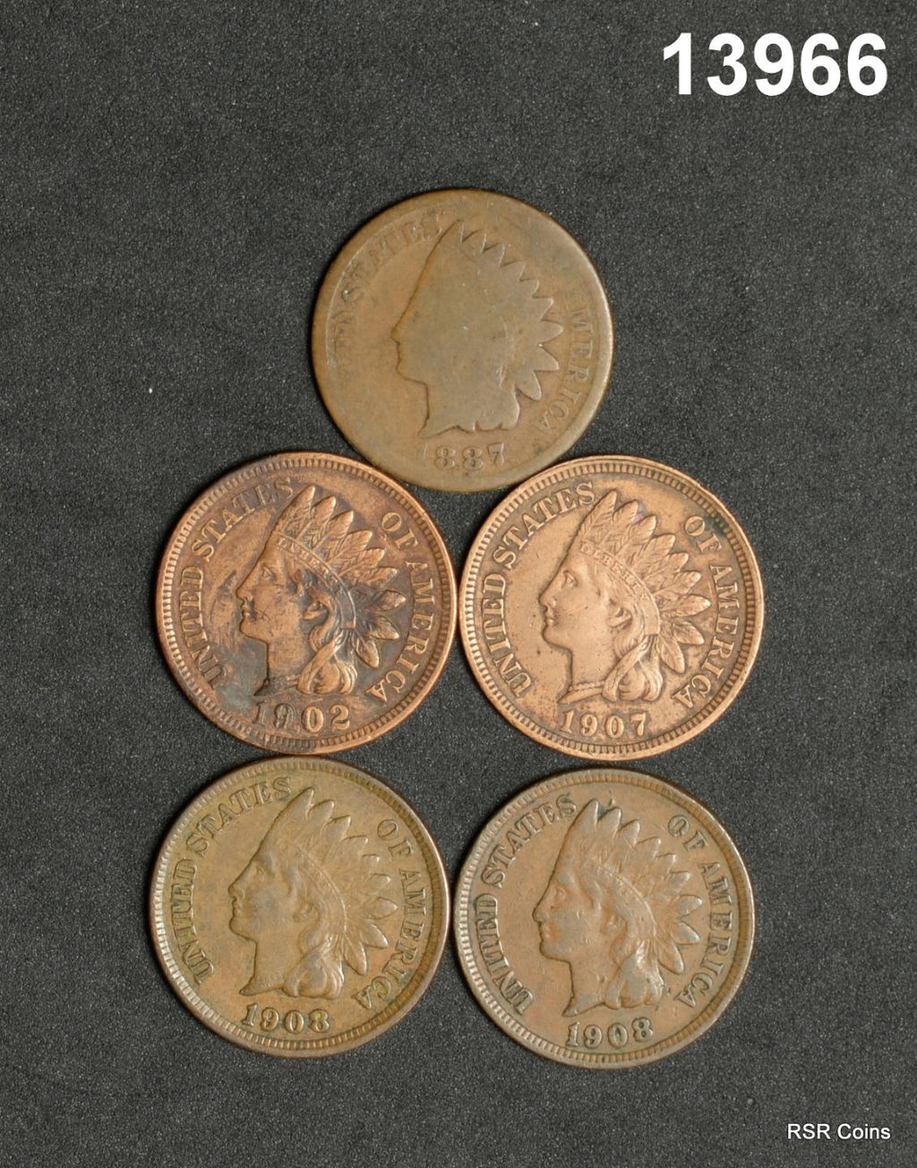 LOT OF 5 INDIAN CENTS: 1907 VF, 2- 1908 VF. 1887 G, 1902 F CL. #13966