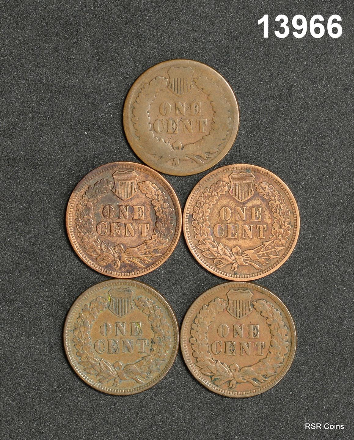 LOT OF 5 INDIAN CENTS: 1907 VF, 2- 1908 VF. 1887 G, 1902 F CL. #13966