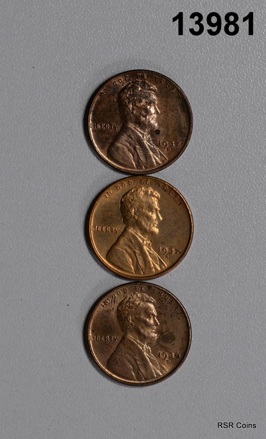 LINCOLN CENT LOT: 1937 S, 1936 D, 1937 D BU- SPOTS #13981