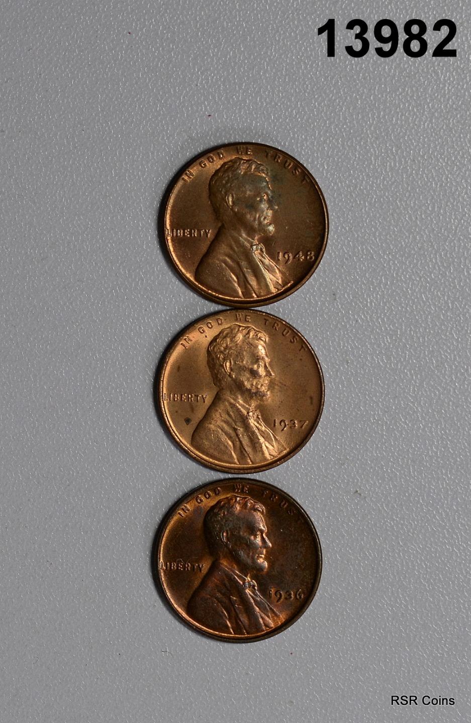 LOT OF 3 BROWN RED BU LINCOLN CENT: 1937, 1936, 48! #13982