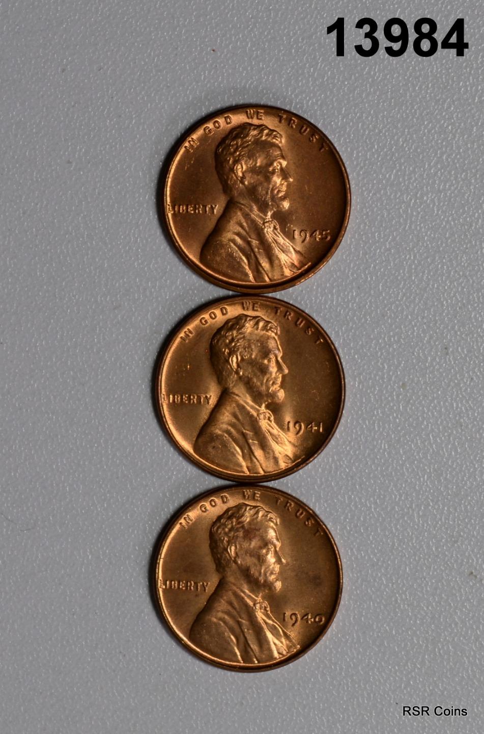 LOT OF 3 RED BU LINCOLN CENTS 1940, 41, 45! NICE! #13984