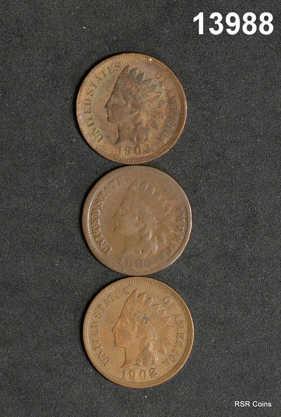 LOT OF 3 INDIAN HEAD CENTS: 1903 XF, 1902 AU, 1885 GOOD! #13988