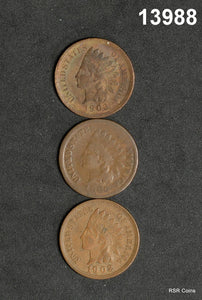 LOT OF 3 INDIAN HEAD CENTS: 1903 XF, 1902 AU, 1885 GOOD! #13988