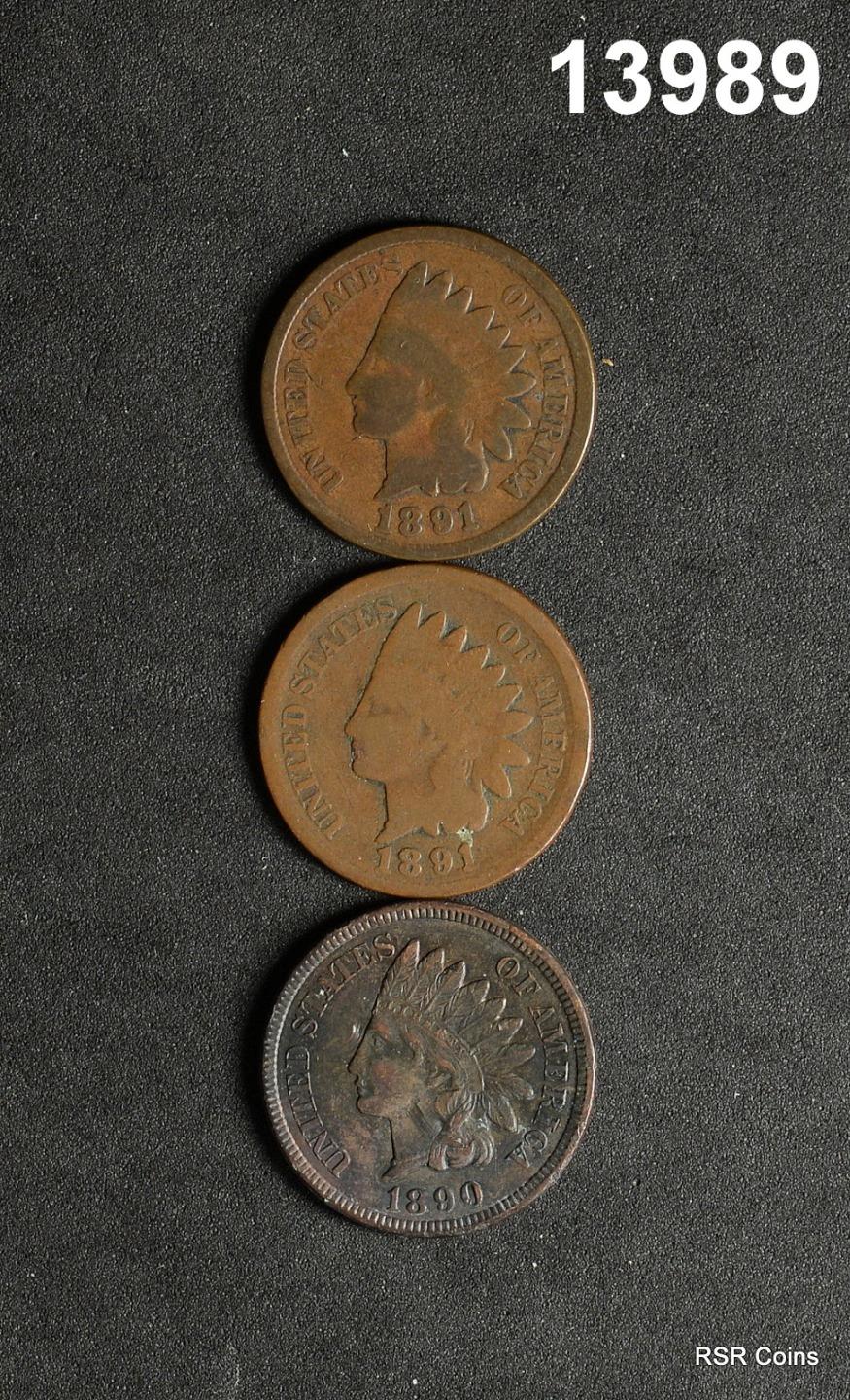 LOT OF 3 1891 INDIAN HEAD CENTS 2- GOOD, 1- XF SCRATCH CORRODED #13989