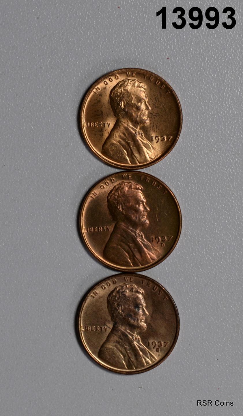 3 COIN LINCOLN CENT LOT: 1937 BU RD, 1937 D BU RD, 1937 S BU RD #13993