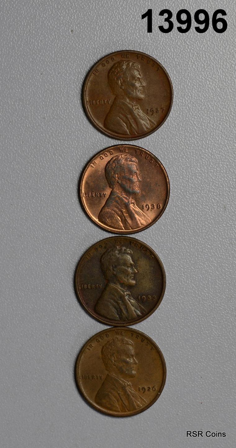 LINCOLN 4 COIN LOT: 1927 AU 1926 AU 1933 XF 1938 BU! NICE EARLY LINCOLNS! #13996