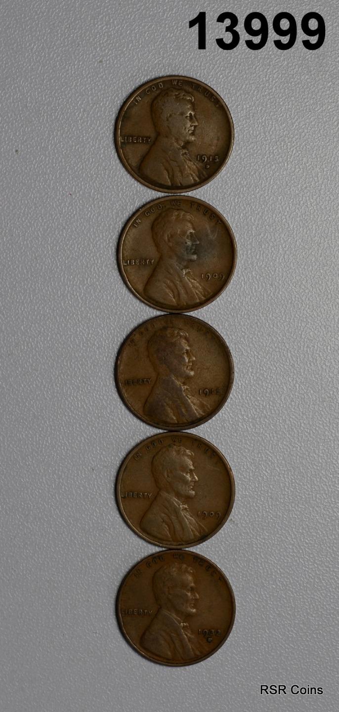 LOT OF 5 LINCOLN CENTS: 1915 F, 1932D VF, 1909 XF, 1909 VDB XF, 1915D FINE#13999