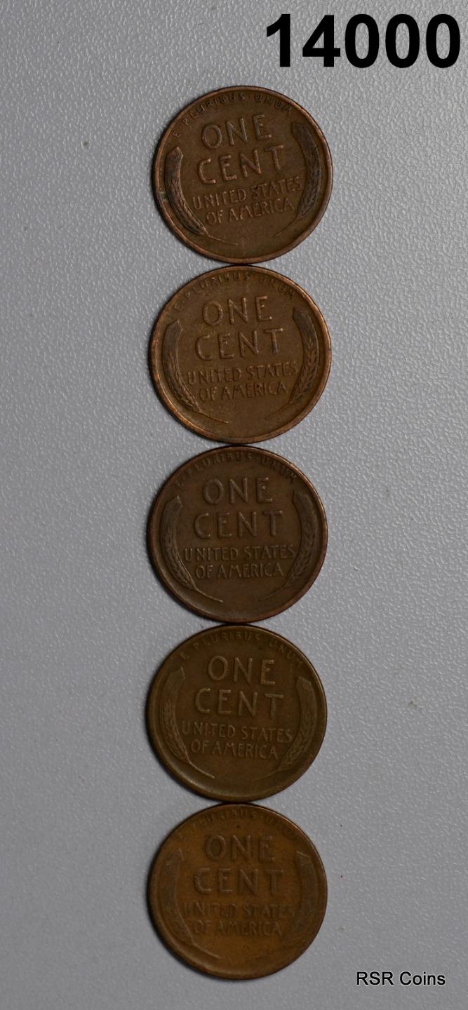 LOT OF 5 LINCOLN CENTS: 1910 VF, 1918D VF, 1918S VF+, 1915D VG, 1921 FINE #14000