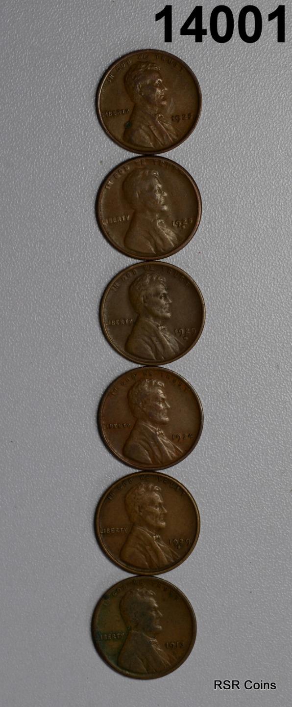 LOT OF 6 LINCOLN CENTS: 1913D, 1924, 1929S, 1925S, 1925, 1929D #14001