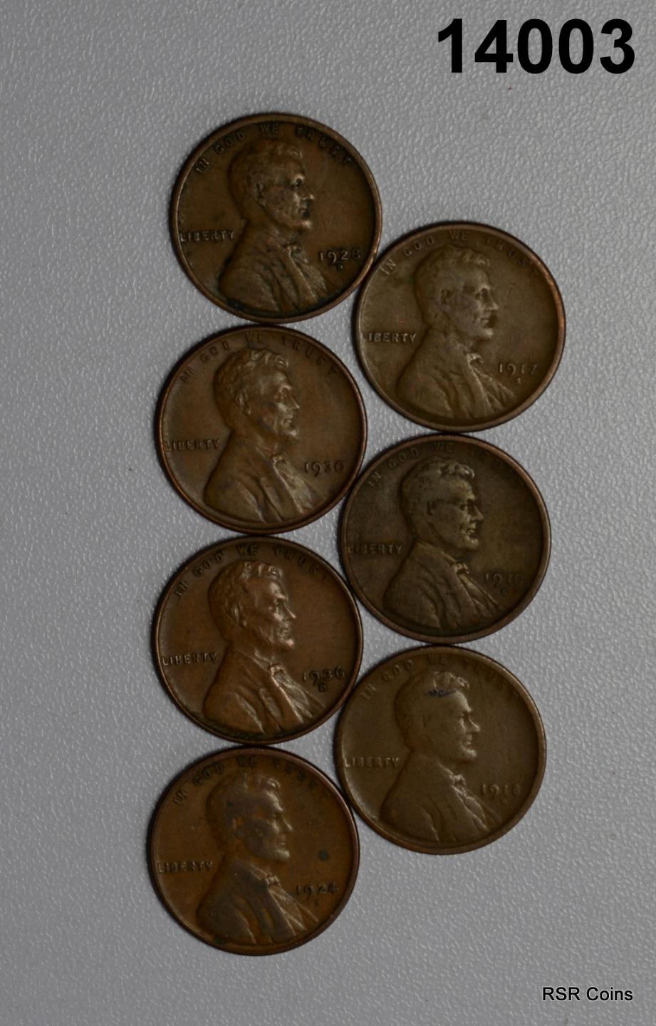 LOT OF 7 LINCOLN CENTS: 1918D, 1936D, 1928D, 1917S, 1930, 1924S, 1919S #14003