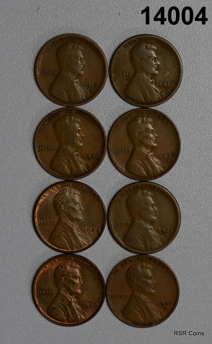 LOT OF 8 LINCOLN CENTS: 1925S, 1938D, 1920D, 1916S, 1937D, 1940, 1926,1938#14004