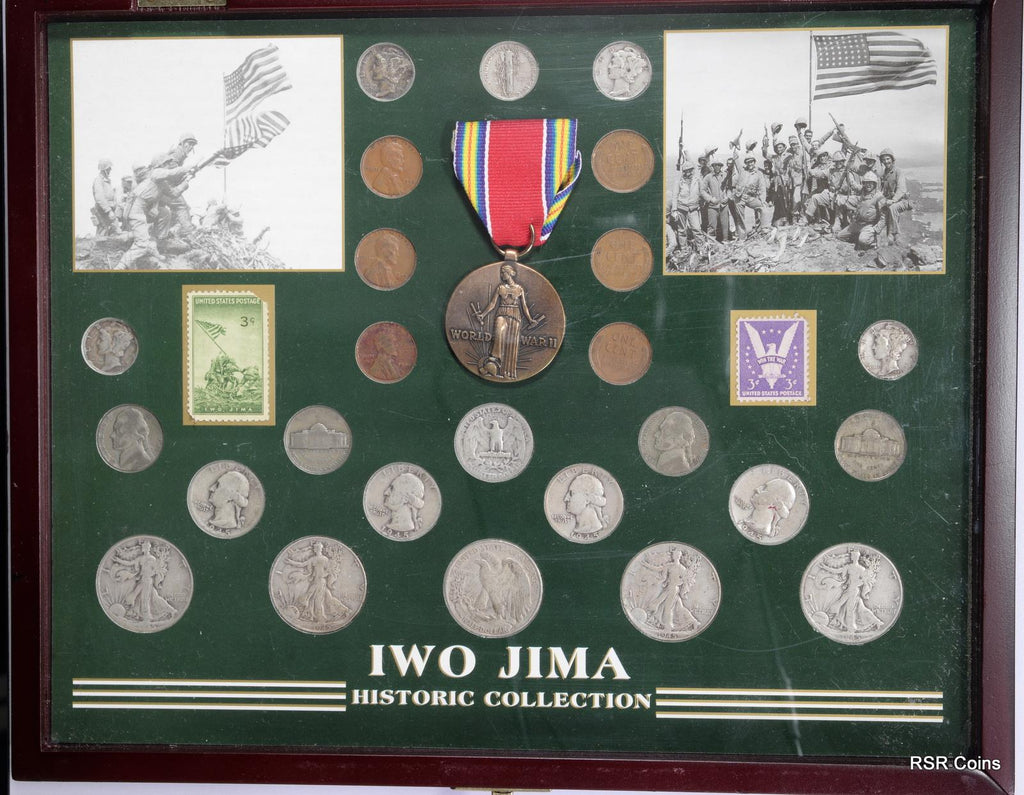 WORLD WAR II HISTORIC COLLECTION 25 COINS (19 SILVER) 2 STAMPS IN WOOD BOX#14008