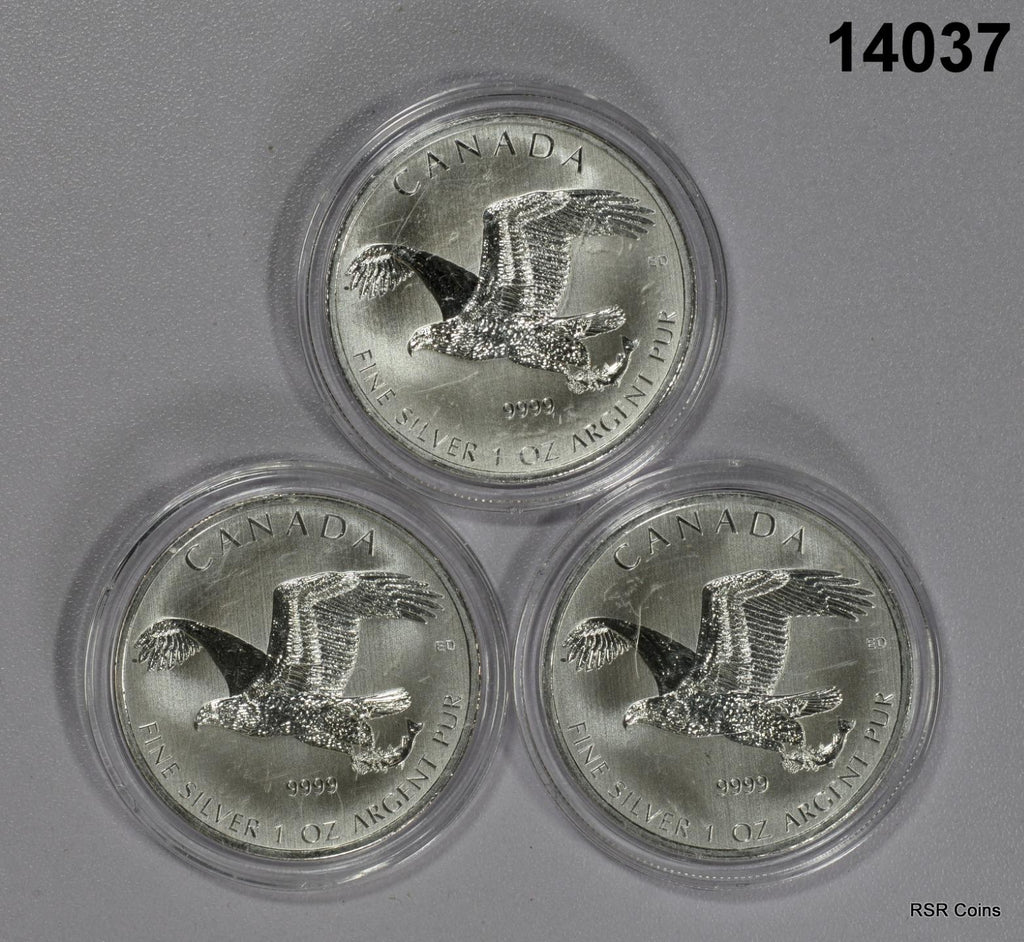 LOT OF 3 CANADA 1OZ .9999 SILVER BALD EAGLE IN CAPSULES! #14037