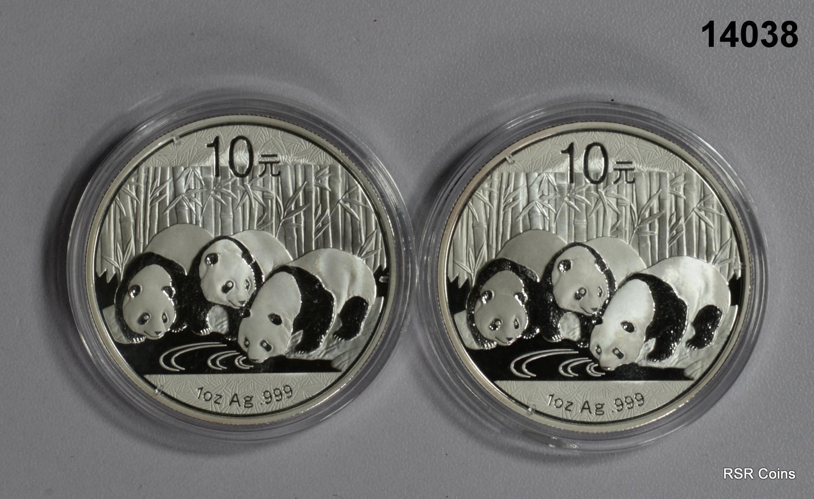 LOT OF 2 2013 CHINA 10 YUAN 1OZ SILVER PANDA COINS! GEM! IN CAPSULES! #14038