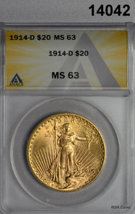 1914 D ST. GAUDENS $20 DOUBLE EAGLE GOLD ANACS CERTIFIED MS63 FLASHY! #14042