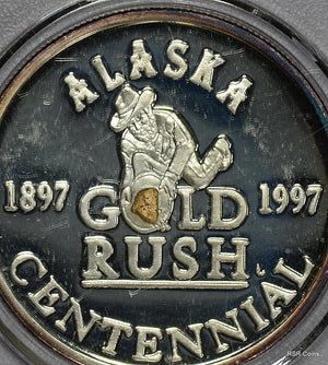 1897-1997 ALASKA GOLD RUSH .999 SILVER ROUND WITH REAL GOLD NIGGET! #14056