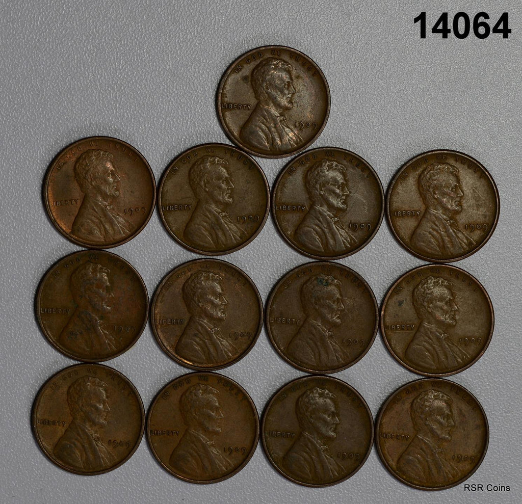 LOT OF 13 1909 VDB LINCOLN CENTS FINE-AU NICE! MOST XF! #14064