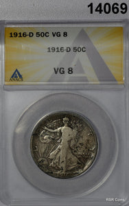 1916 D WALKING LIBERTY HALF DOLLAR ANACS CERTIFIED VG8 #14069