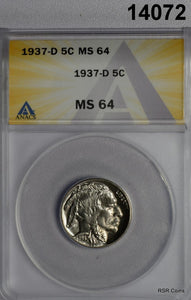 1937 D BUFFALO NICKEL ANACS CERTIFIED MS64 LOOKS BETTER! #14072