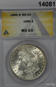 1886 MORGAN SILVER DOLLAR FLASHY FULLY STRUCK! ANACS CERTIFIED MS63! #14081