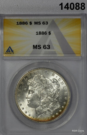 1886 MORGAN SILVER DOLLAR GOLDEN OBVERSE CRESCENT! ANACS CERTIFIED MS63! #14088