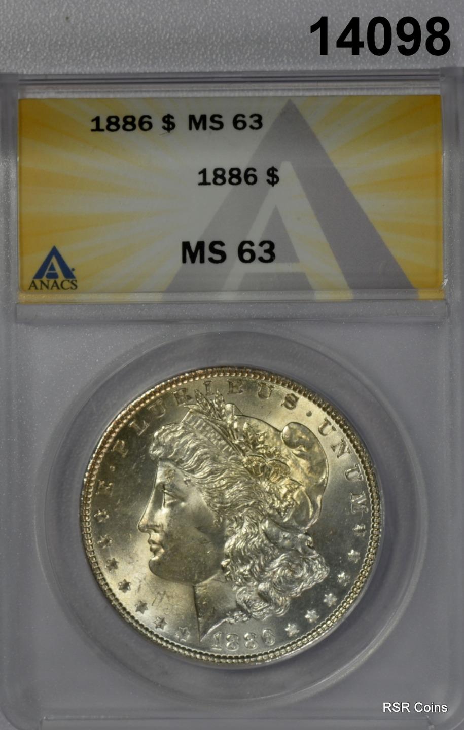 1886 MORGAN SILVER DOLLAR PALE GOLDEN OBVERSE! ANACS CERTIFIED MS63! #14098