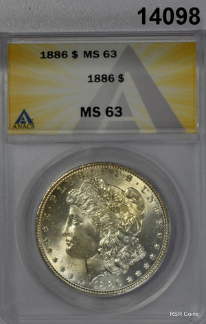 1886 MORGAN SILVER DOLLAR PALE GOLDEN OBVERSE! ANACS CERTIFIED MS63! #14098