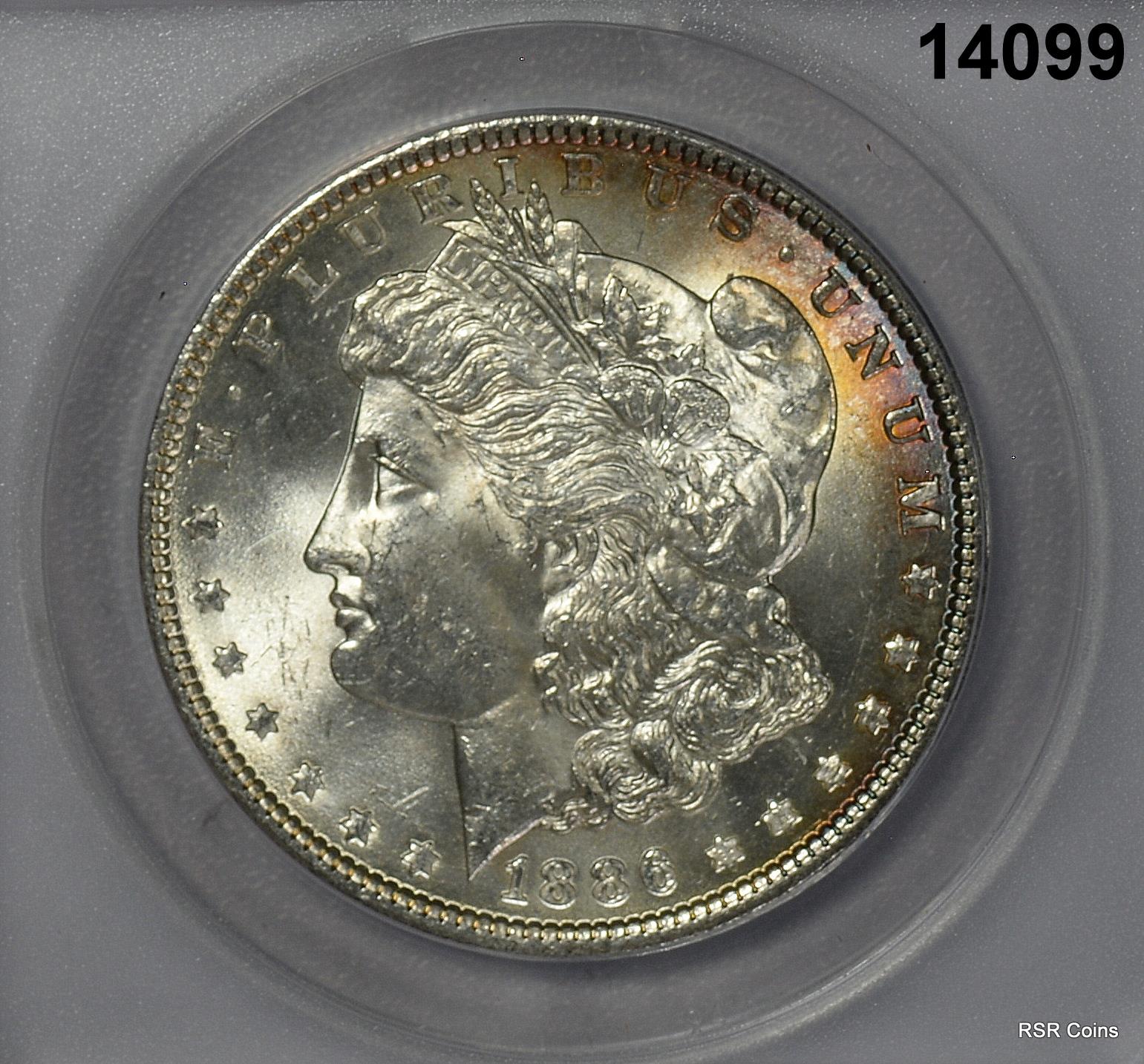 1886 MORGAN SILVER DOLLAR ORANGE BLUE OBV CRESCENT ANACS CERTIFIED MS63! #14099