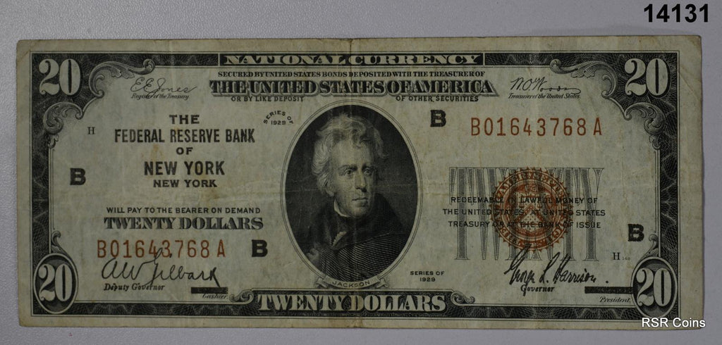 1929 $20 NEW YORK CITY, NY NATIONAL CURRENCY FEDERAL RESERVE NOTE VF! #14131