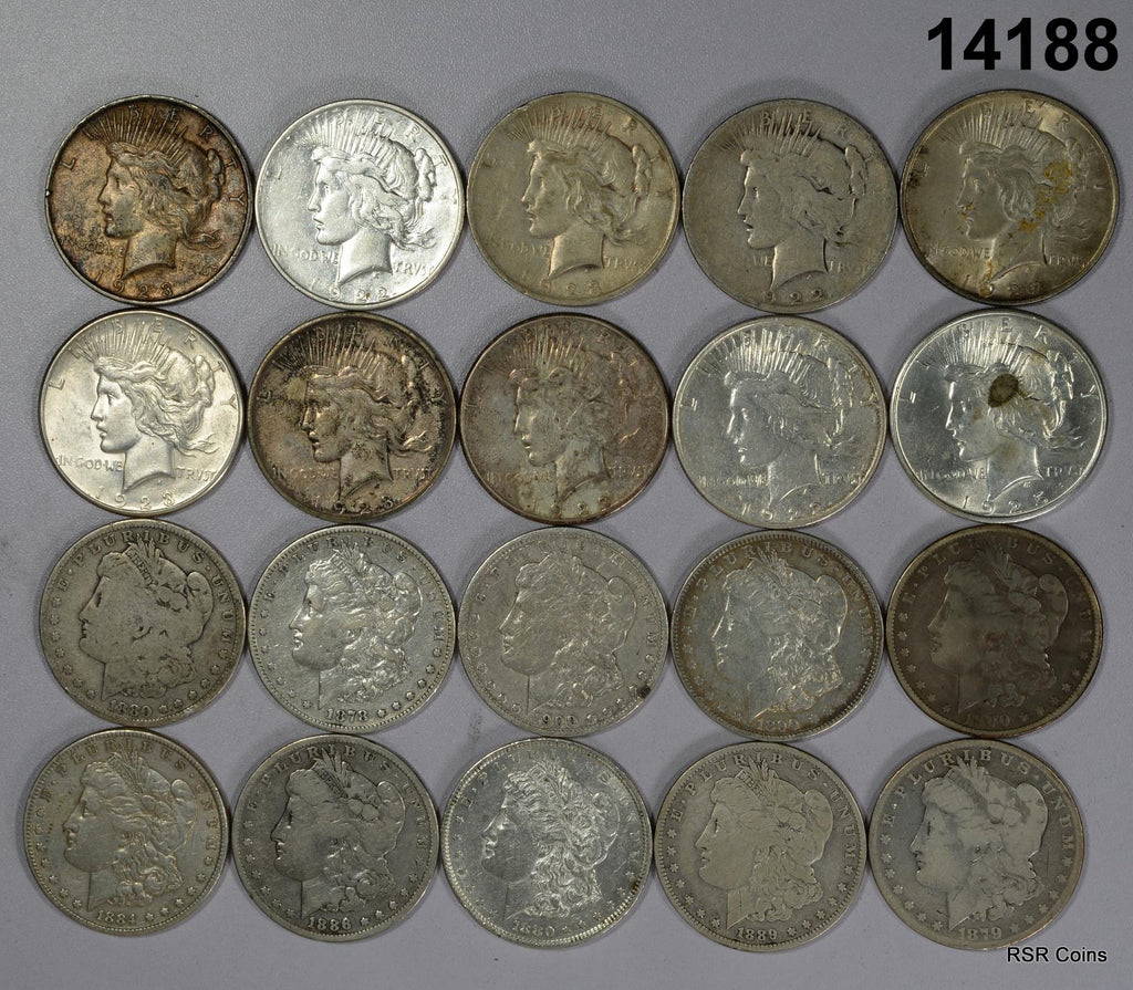 LOT OF 10 PEACE & 10 MORGAN PRE '21 90%SILVER DOLLARS VF-AU SOME CULLS! #14188