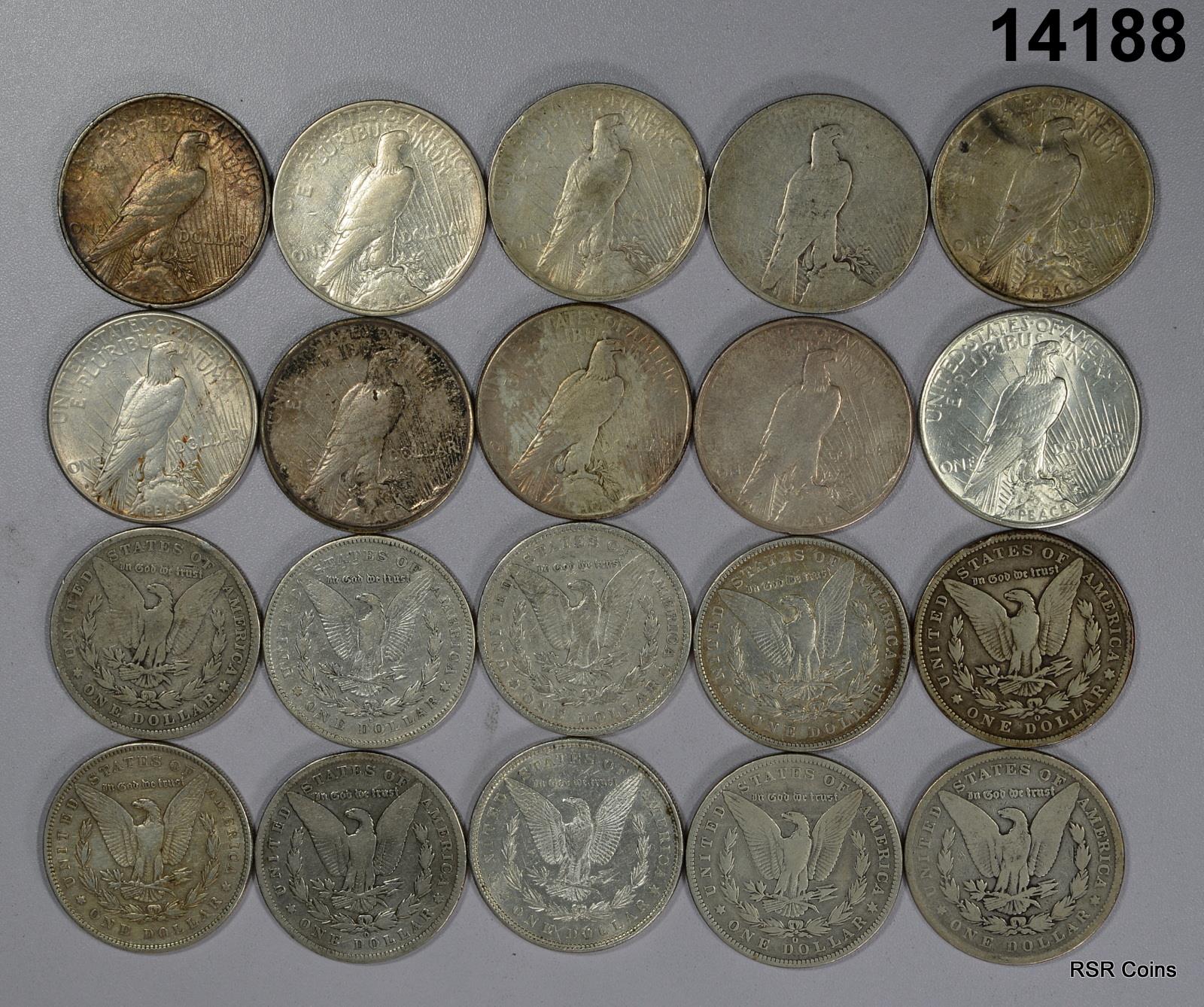 LOT OF 10 PEACE & 10 MORGAN PRE '21 90%SILVER DOLLARS VF-AU SOME CULLS! #14188