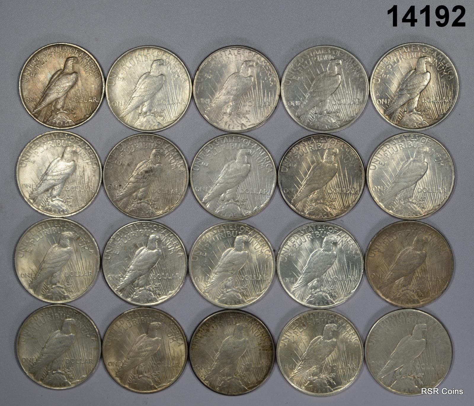 ROLL OF 20 PEACE 90% SILVER DOLLARS DECENT VF-AU+ COINS! #14192