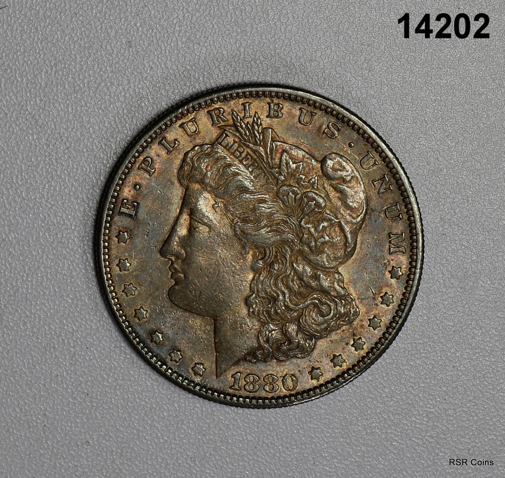 1880 S MORGAN SILVER DOLLAR BU+ PALE RAINBOW COLORS! #14202