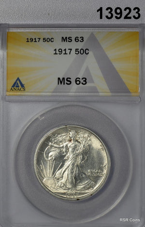 1917 WALKING HALF DOLLAR ANACS CERTIFIED MS63 NICE LUSTER! #13923