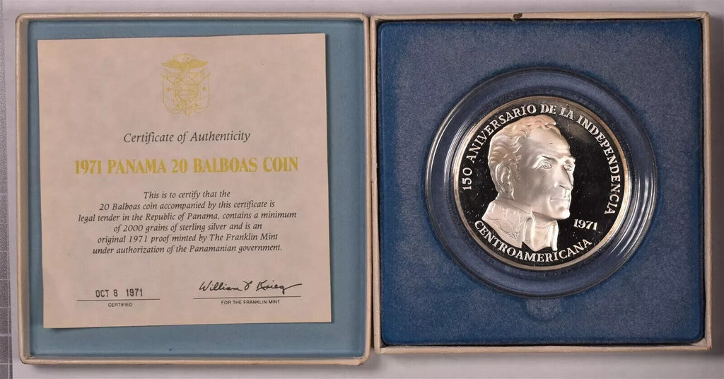Republic of Panama 1971 20 Balboas Sterling Silver Proof Coin Franklin Mint COA
