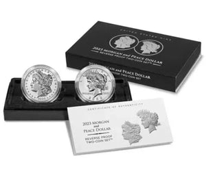 2023-S Reverse GEM Proof $1 Morgan and Peace .999 Silver Dollar 2pc Set Box