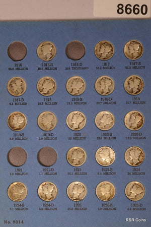 1916-1945 69 COIN MERCURY DIME SET AG-XF+ NO 16P&D, 21P&D, 26S, 30S, 31D&S #8660