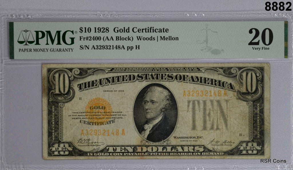 1928 $10 GOLD CERTIFICATE FR#2400 WOODS- MELLON PMG CERTIFIED VF20 #8882