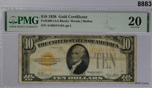 1928 $10 GOLD CERTIFICATE FR#2400 WOODS- MELLON PMG CERTIFIED VF20 #8883