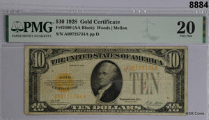 1928 $10 GOLD CERTIFICATE FR#2400 WOODS- MELLON PMG CERTIFIED VF20 #8884