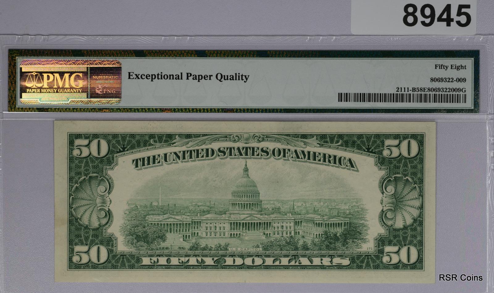 $50 1950 D FEDERAL RESERVE NOTE NEW YORK FR#2111-B PMG CERTIFIED 58 EPQ #8945