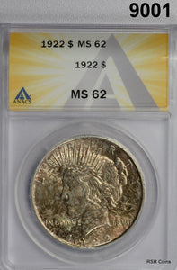 1922 PEACE SILVER DOLLAR ANACS CERTIFIED MS62 MOTTLED RAINBOW! #9001