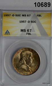 1957 D FRANKLIN HALF DOLLAR ANACS CERTIFIED MS67 FBL RAINBOW COLORS #10689