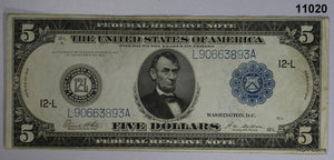 1914 $5 FEDERAL RESERVE NOTE ABE LINCOLN HORSE BLANKET RARE NOTE! XF!! #11020