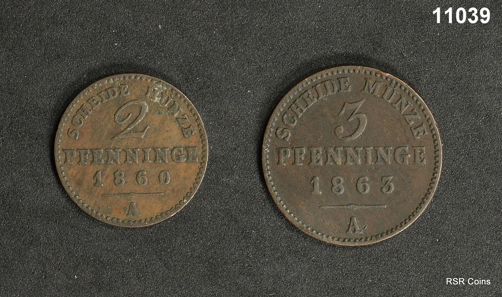 GERMAN STATES PRUSSIA 1860 2 PFENNIG AU+ 1863 3 PFENNIG XF 2 COIN LOT! #11039